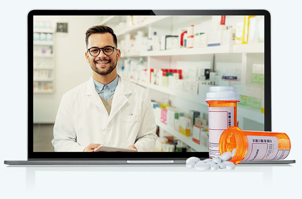 Laptop with a bottle of pills on the keyboard and a friendly pharmacist on the screen